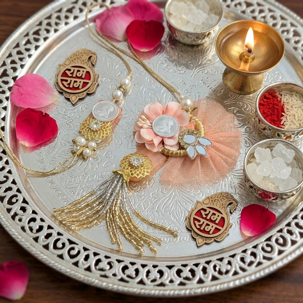 925 Silver Coin Bhaiya Bhabhi Pink Floral Rakhi Shriramsilverworks