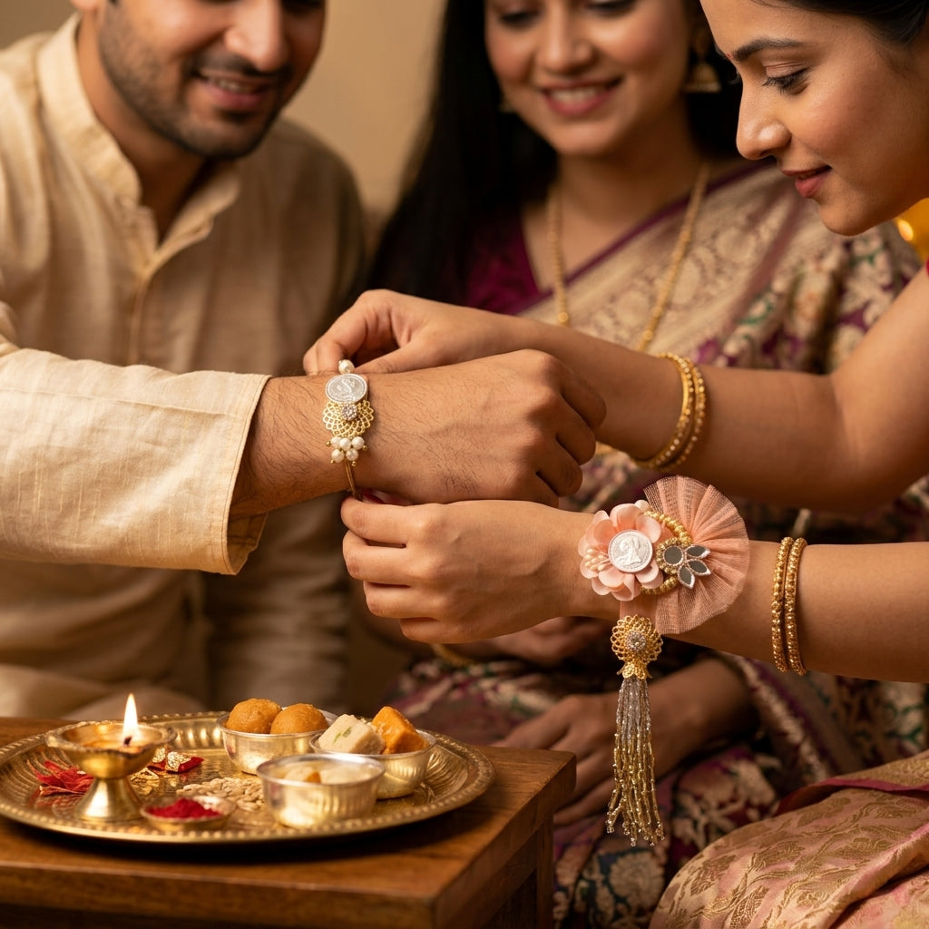 925 Silver Coin Bhaiya Bhabhi Pink Floral Rakhi Shriramsilverworks
