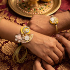 925 Silver Coin Bhaiya Bhabhi Yellow/Pink Texture Rakhi Shriramsilverworks
