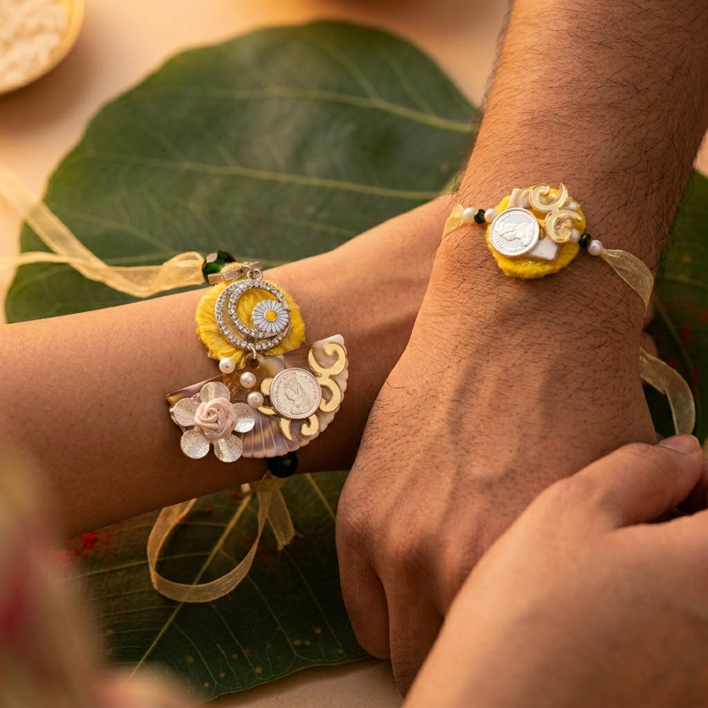 925 Silver Coin Bhaiya Bhabhi Yellow/Pink Texture Rakhi Shriramsilverworks