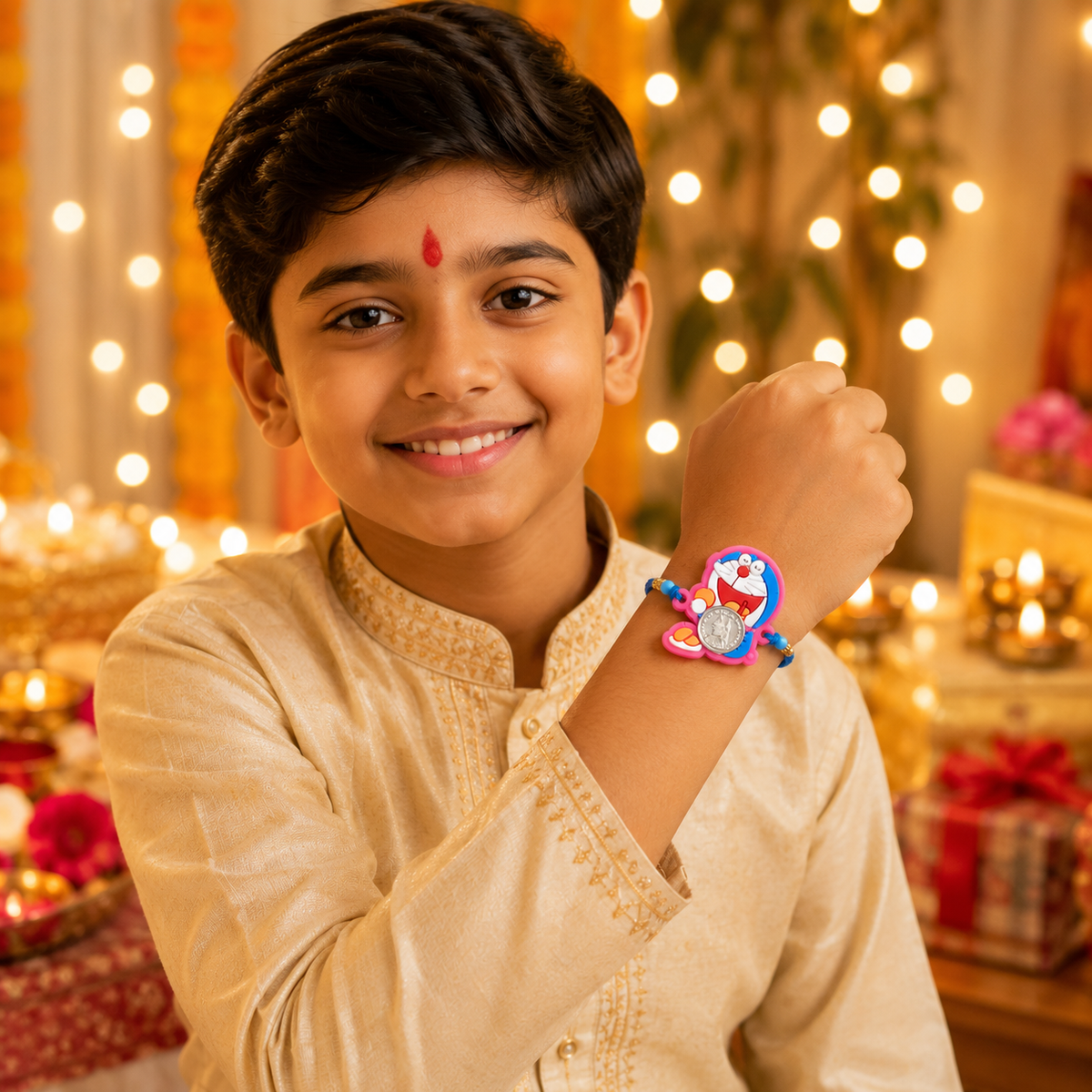 Doraemon Kids Handcrafted Silver Coin Rakhi Shriramsilverworks