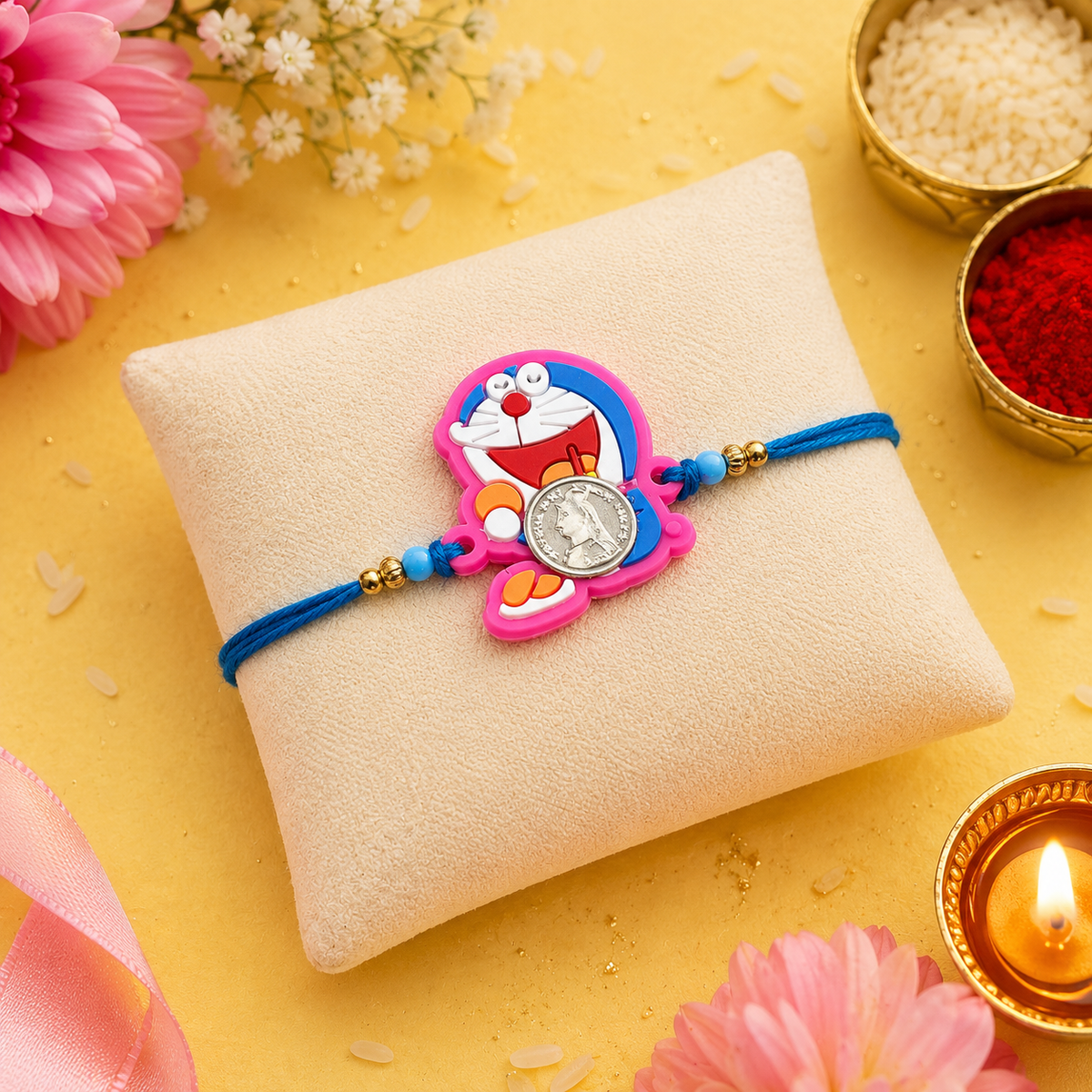 Doraemon Kids Handcrafted Silver Coin Rakhi Shriramsilverworks