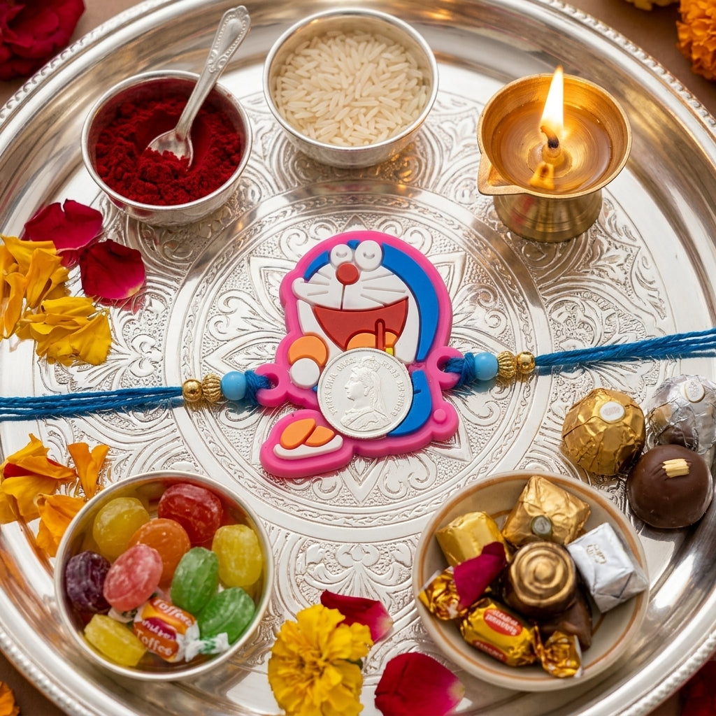 Doraemon Kids Handcrafted Silver Coin Rakhi Shriramsilverworks