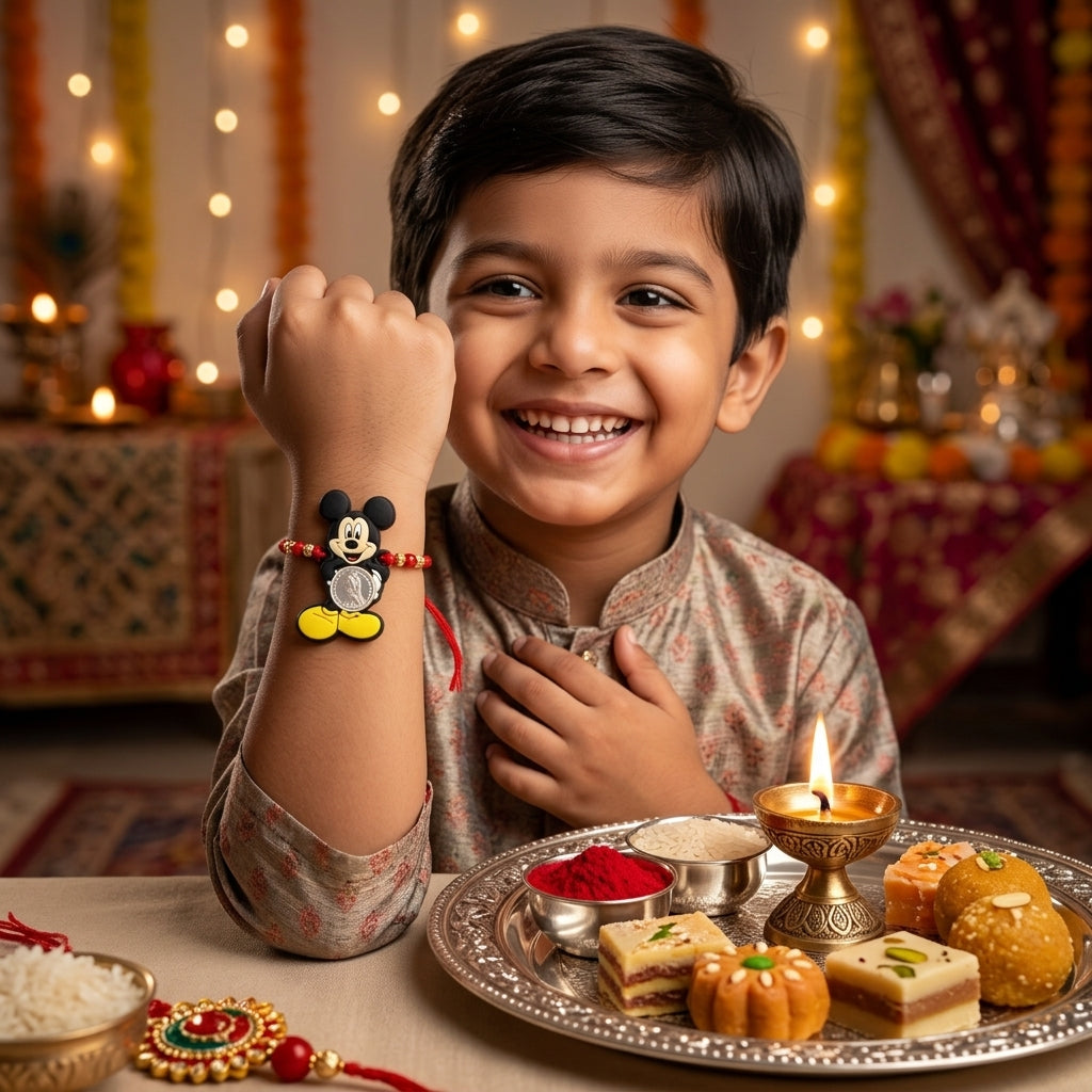 Mickey Mouse Kids Handcrafted Silver Coin Rakhi Shriramsilverworks