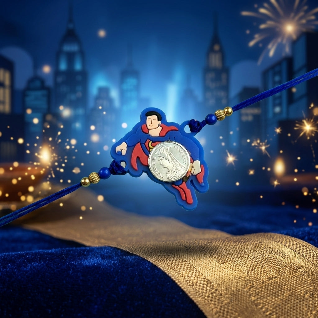 Superman Kids Handcrafted Silver Coin Rakhi Shriramsilverworks