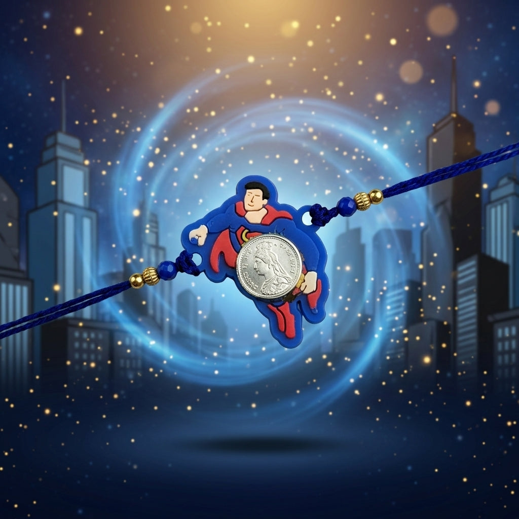 Superman Kids Handcrafted Silver Coin Rakhi Shriramsilverworks