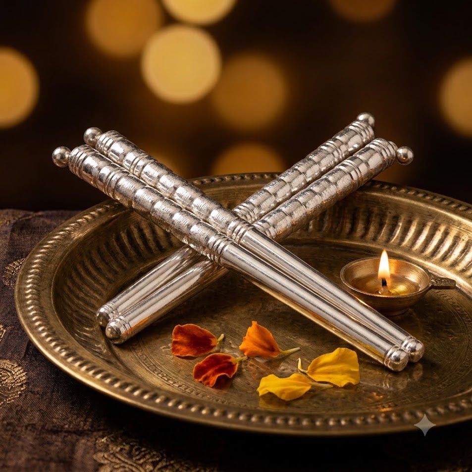 Pure Silver Ganesh Pooja Dandiya - Traditional Silver Sticks Shriramsilverworks